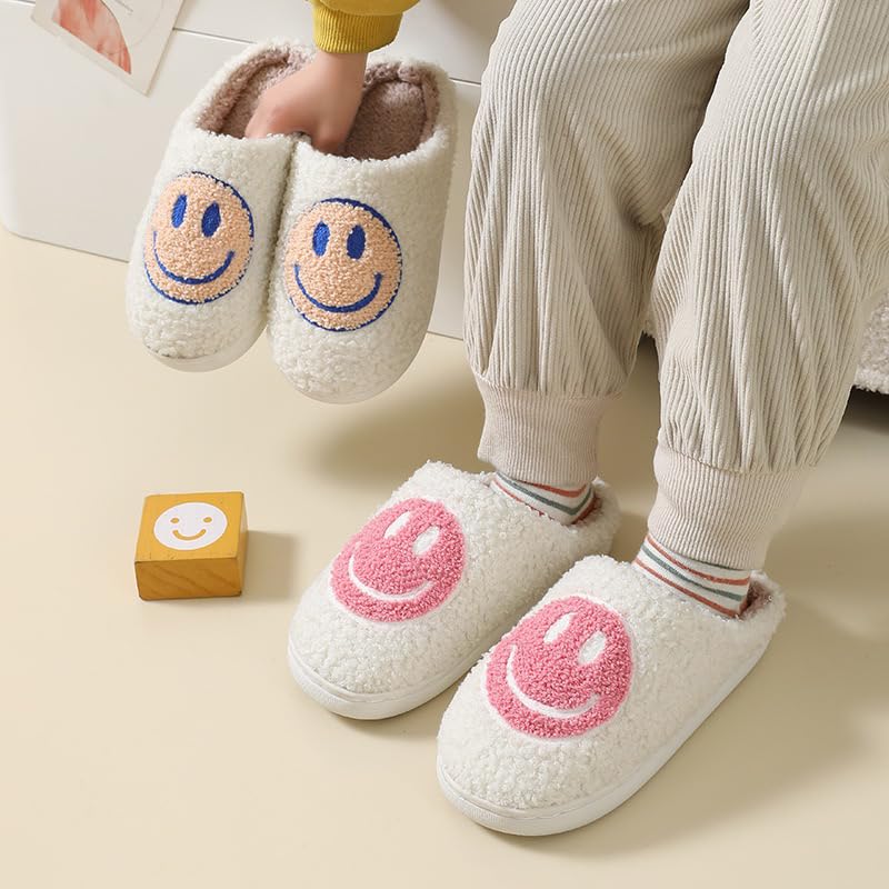 FUUPNN Smile Face Slippers for Girls Boys,Retro Cute Soft Plush Indoor Outdoor Shoes Fuzzy House Lightweight Slippers with Memory Foam Warmth Happy face Slippers Non Slip Smile Slippers for Winter