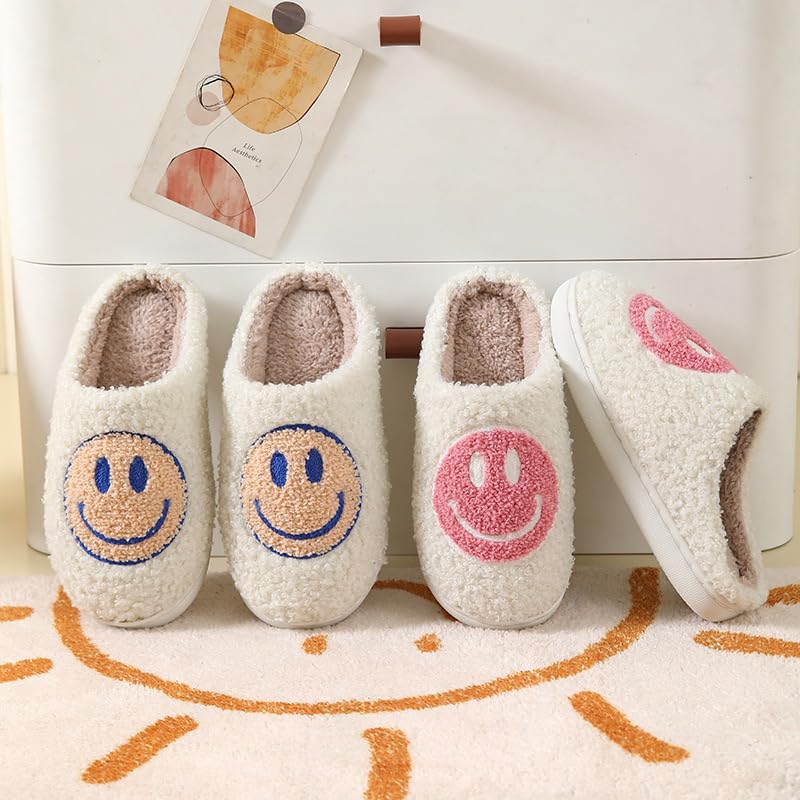 FUUPNN Smile Face Slippers for Girls Boys,Retro Cute Soft Plush Indoor Outdoor Shoes Fuzzy House Lightweight Slippers with Memory Foam Warmth Happy face Slippers Non Slip Smile Slippers for Winter