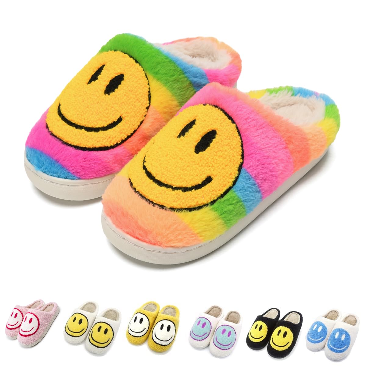 FUUPNN Smile Face Slippers for Girls Boys,Retro Cute Soft Plush Indoor Outdoor Shoes Fuzzy House Lightweight Slippers with Memory Foam Warmth Happy face Slippers Non Slip Smile Slippers for Winter