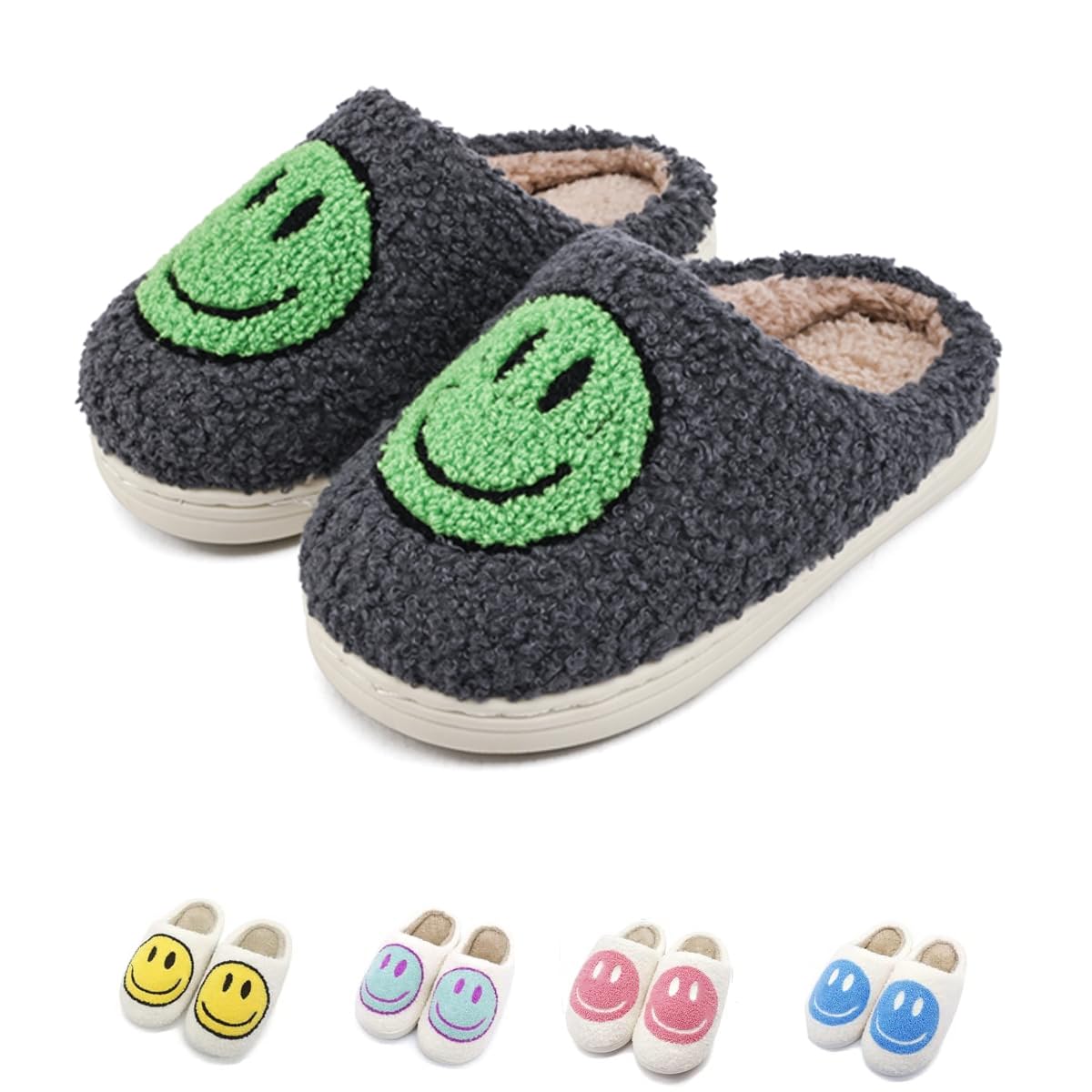 FUUPNN Smile Face Slippers for Girls Boys,Retro Cute Soft Plush Indoor Outdoor Shoes Fuzzy House Lightweight Slippers with Memory Foam Warmth Happy face Slippers Non Slip Smile Slippers for Winter