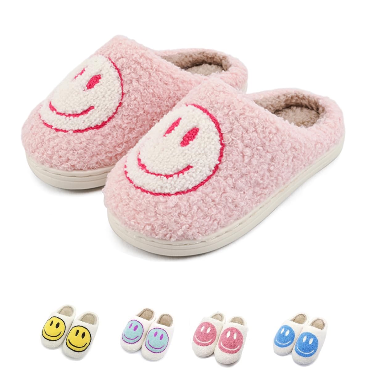FUUPNN Smile Face Slippers for Girls Boys,Retro Cute Soft Plush Indoor Outdoor Shoes Fuzzy House Lightweight Slippers with Memory Foam Warmth Happy face Slippers Non Slip Smile Slippers for Winter