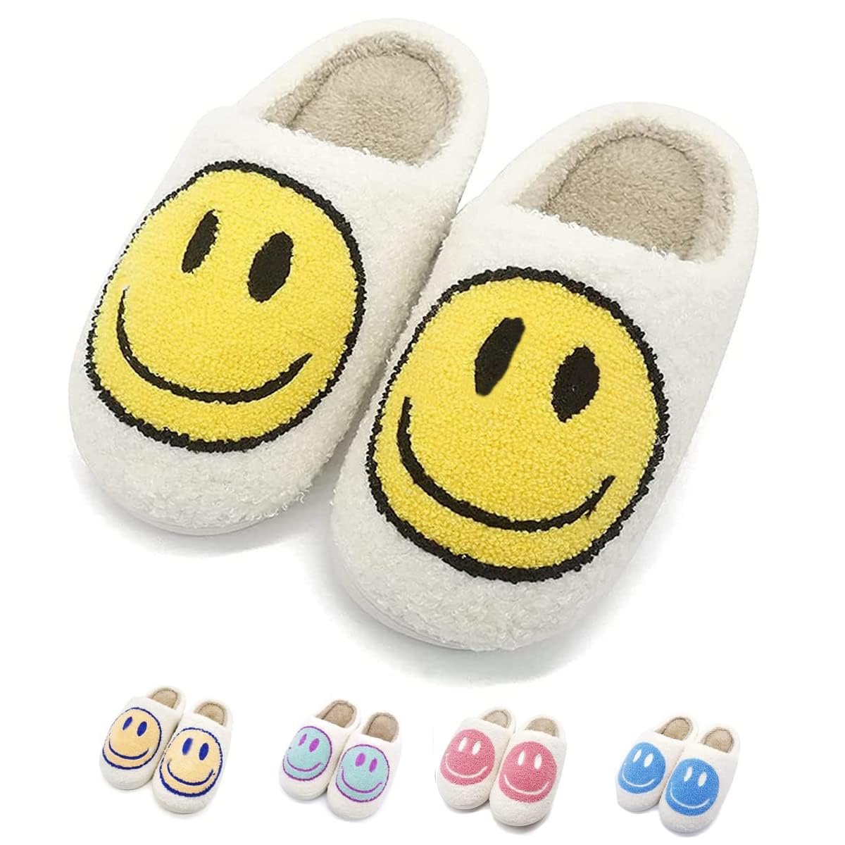 FUUPNN Smile Face Slippers for Girls Boys,Retro Cute Soft Plush Indoor Outdoor Shoes Fuzzy House Lightweight Slippers with Memory Foam Warmth Happy face Slippers Non Slip Smile Slippers for Winter