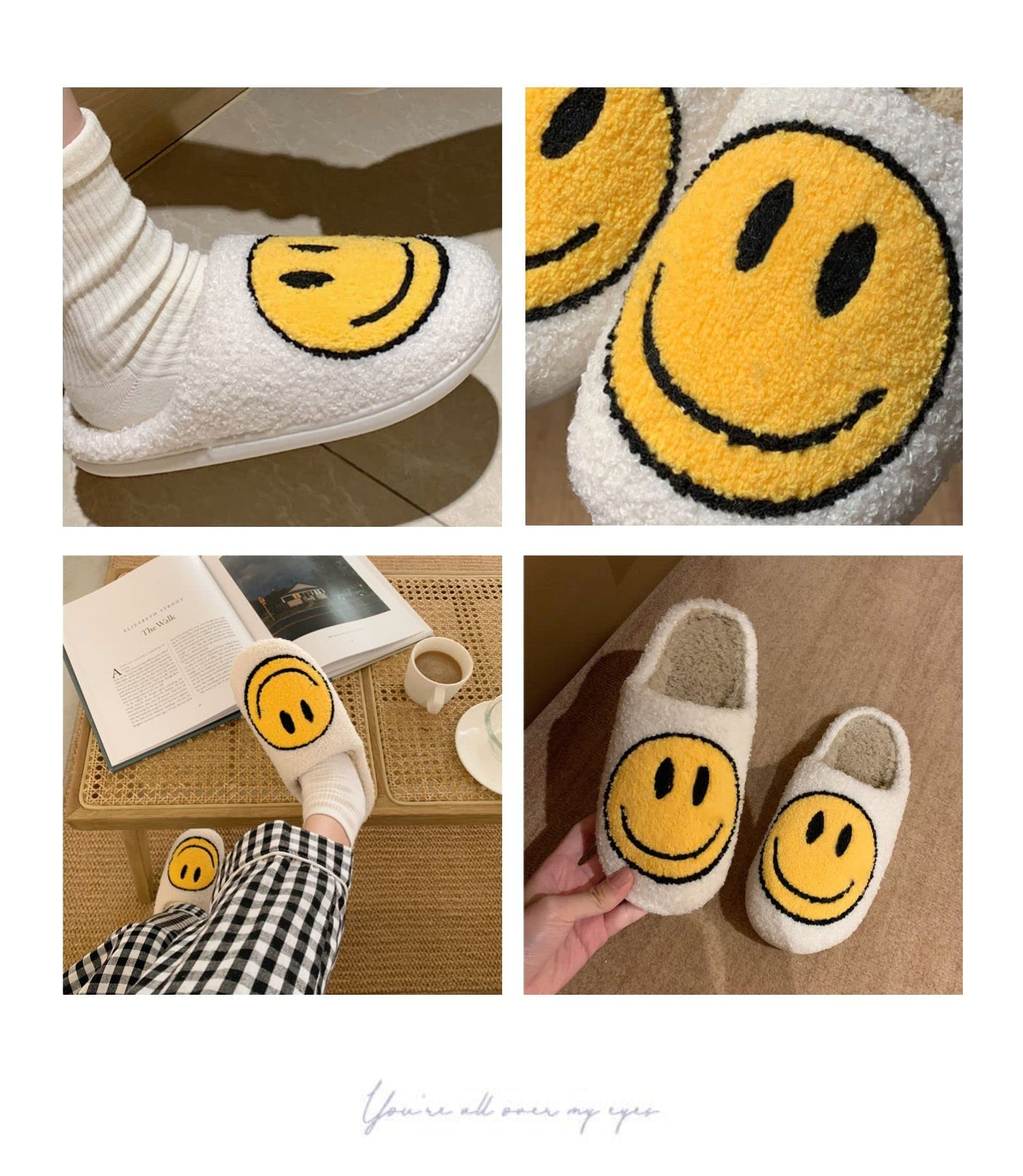 FUUPNN Smile Face Slippers for Girls Boys,Retro Cute Soft Plush Indoor Outdoor Shoes Fuzzy House Lightweight Slippers with Memory Foam Warmth Happy face Slippers Non Slip Smile Slippers for Winter